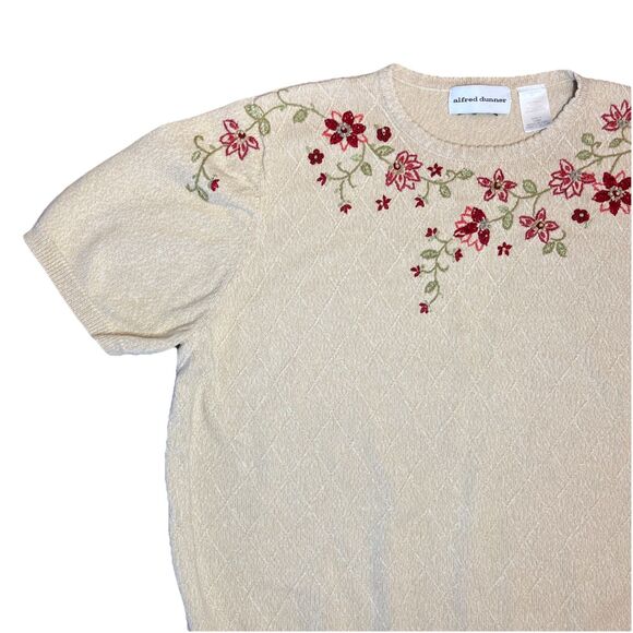 Vintage Alfred Dunner Sweater Womens XL Creme Embroidery Floral Grandma Cottage - Picture 2 of 8
